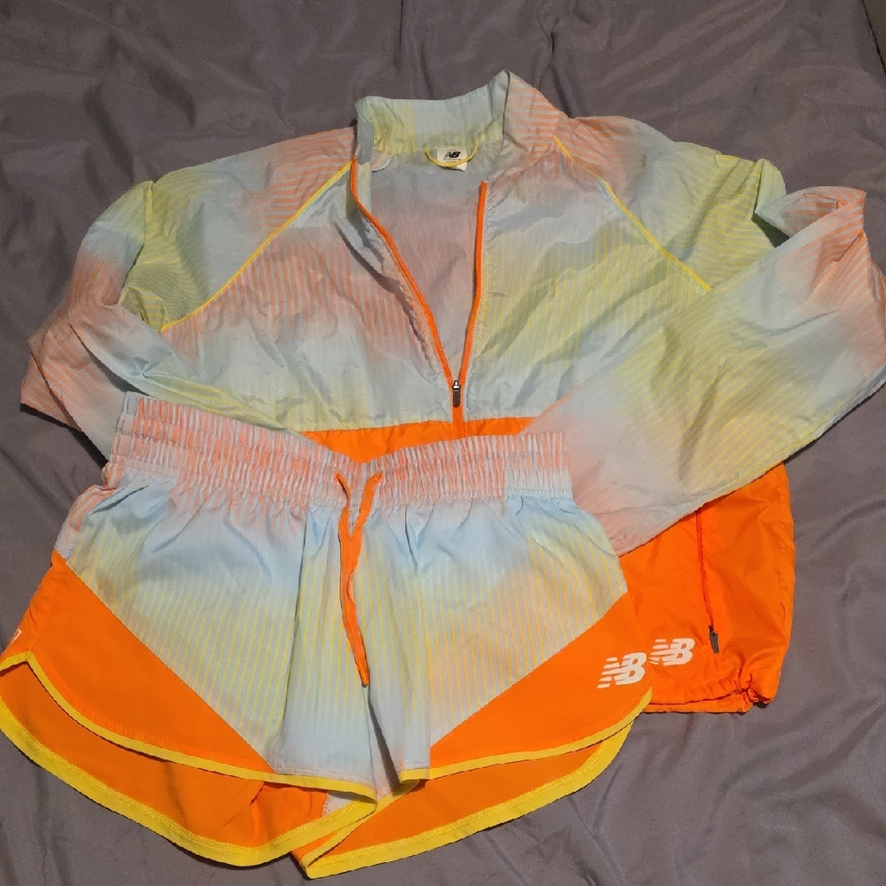New Balance Pastel Tie-Dye Jacket and Orange-Trim Shorts Set